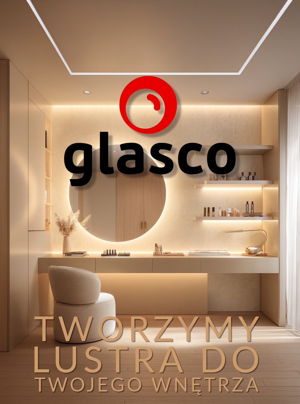 Oświetlona toaletka z okrągłym lustrem i krzesłem w beżowym wnętrzu. Nad lustrem logo firmy. Całość w ciepłej tonacji.