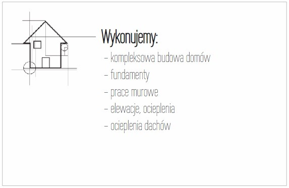 Schemat domu z listą usług: budowa domów, fundamenty, prace murowe, elewacje, ocieplenia dachów. Minimalistyczny rysunek techniczny na białym tle.