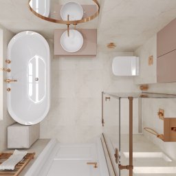 PRZEMYSŁAW RUCIŃSKI PERFEKT INTERIORS - Widok z góry na elegancką łazienkę w beżach i różowym złocie: wanna wolnostojąca, umywalka nablatowa, kabina prysznicowa ze złotymi detalami, minimalistyczna toaleta.