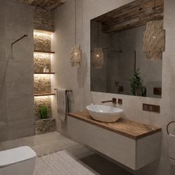 PRZEMYSŁAW RUCIŃSKI PERFEKT INTERIORS - Nowoczesna łazienka w beżach z kamiennymi akcentami: podświetlane półki, umywalka nablatowa, lustro i dekoracyjne lampy wiszące. Minimalistyczny design z roślinami.