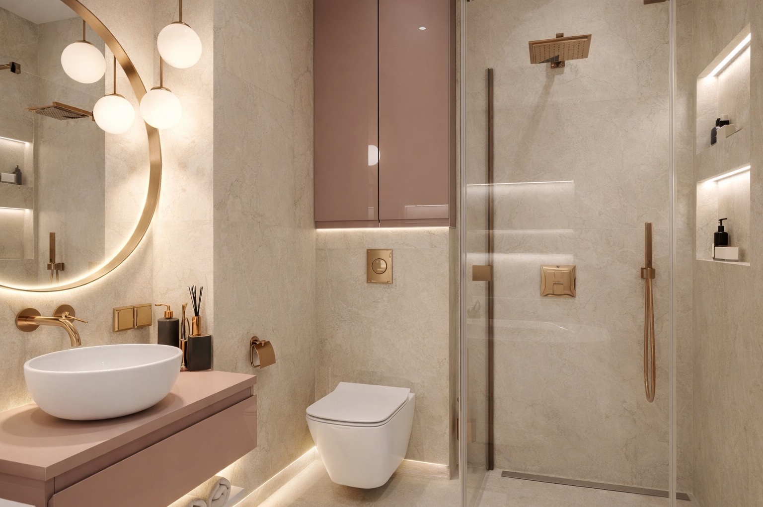 Elegancka łazienka w beżach i różu: okrągłe lustro z podświetleniem, wisząca toaleta, kabina prysznicowa ze złotą armaturą i szafka nad nią. Nowoczesny design.