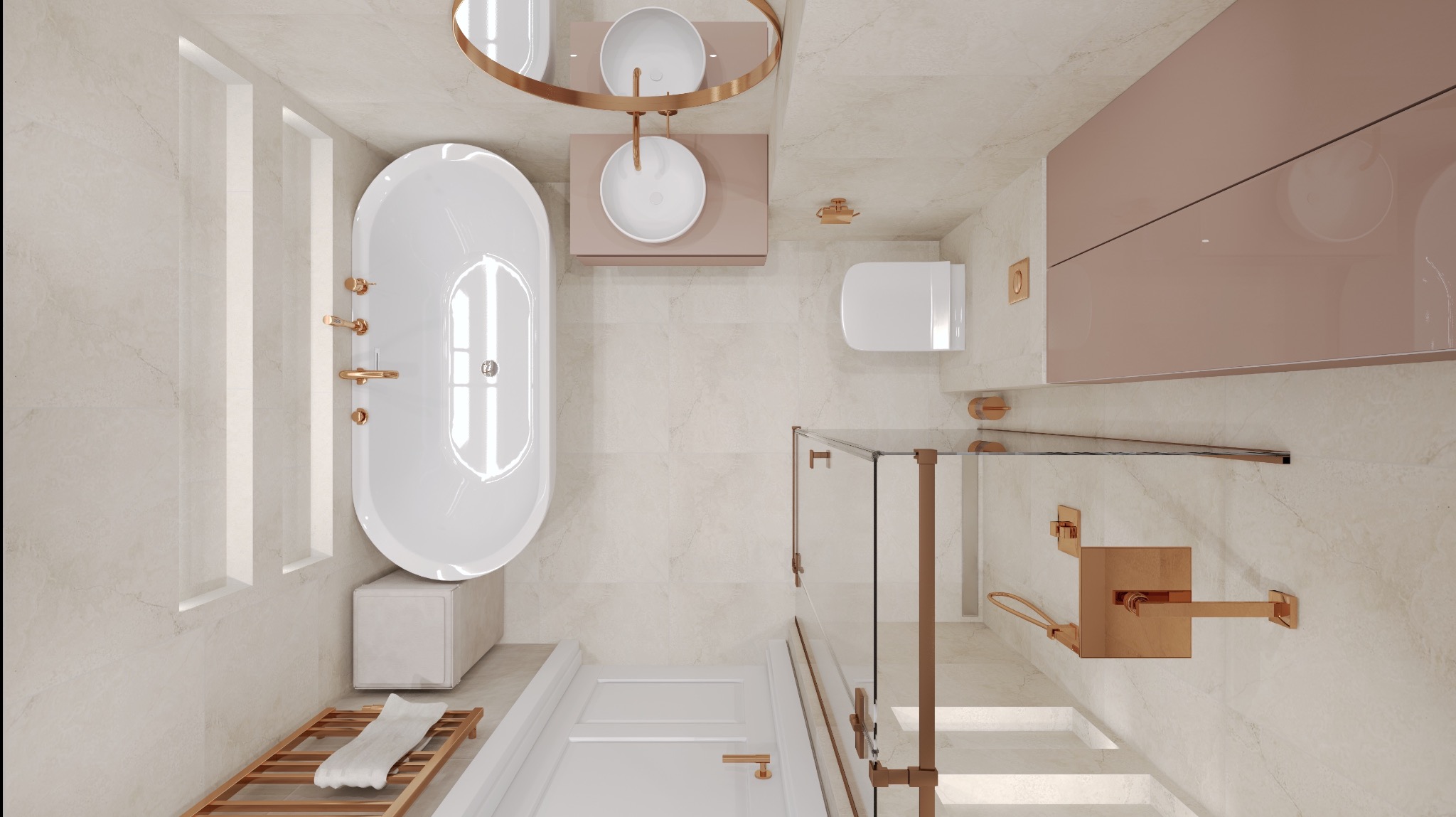 Widok z góry na elegancką łazienkę w beżach i różowym złocie: wanna wolnostojąca, umywalka nablatowa, kabina prysznicowa ze złotymi detalami, minimalistyczna toaleta.