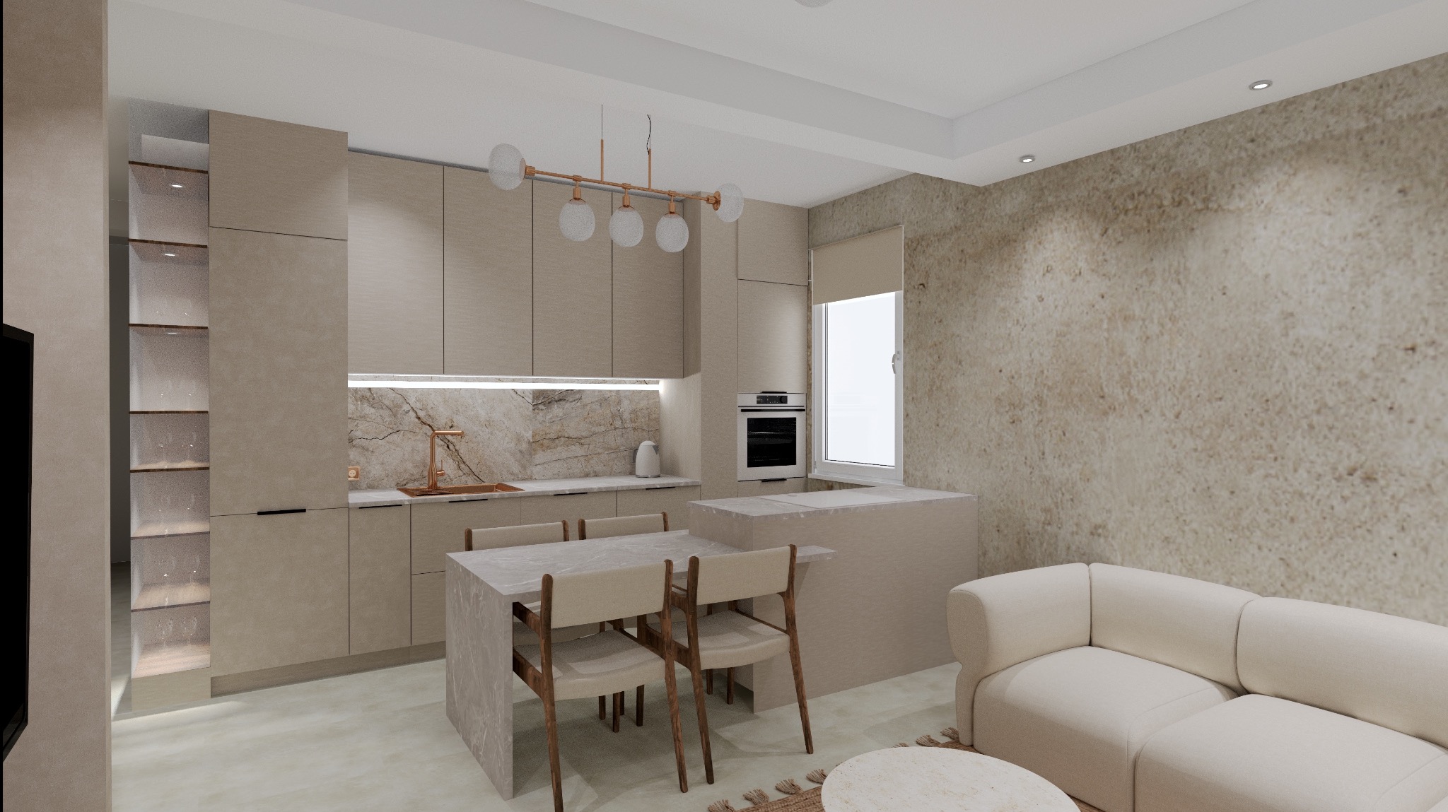 Beżowa kuchnia z marmurowym blatem i wyspą, oświetlona nowoczesną lampą. Minimalistyczny design z elementami drewna i kamienia, ciepłe światło.
