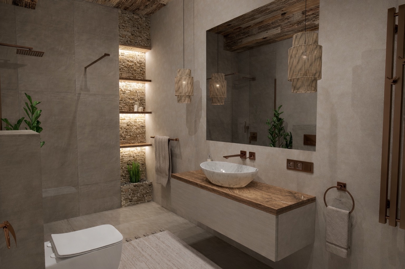Nowoczesna łazienka w beżach z kamiennymi akcentami: podświetlane półki, umywalka nablatowa, lustro i dekoracyjne lampy wiszące. Minimalistyczny design z roślinami.