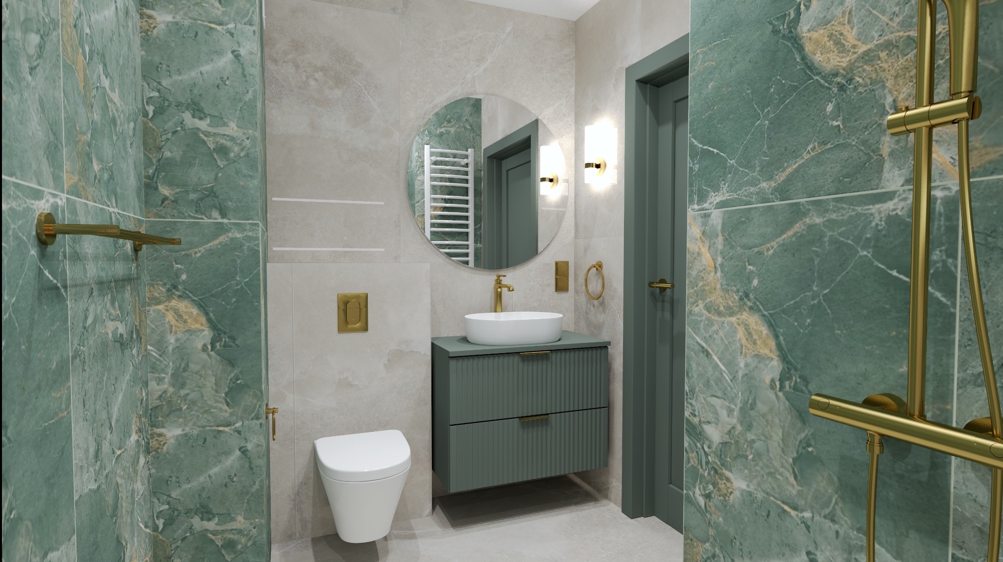Nowoczesna łazienka z zielonymi marmurowymi płytkami, okrągłym lustrem i złotymi akcentami. Umywalka nablatowa na szafce z frezowanymi frontami.
