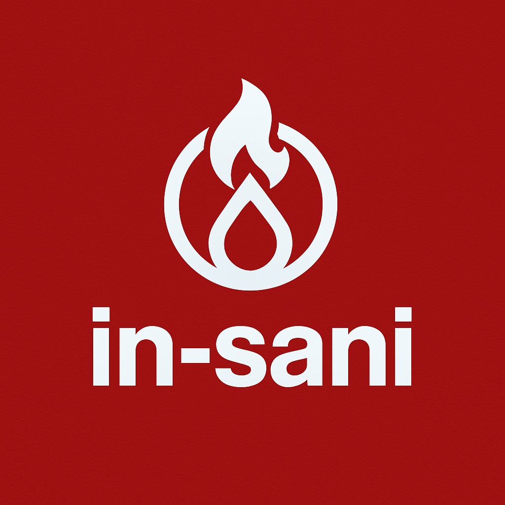 Logo firmy in-sani na czerwonym tle, przedstawiające biały symbol płomienia nad kroplą, otoczony okręgiem, umieszczony nad nazwą firmy.