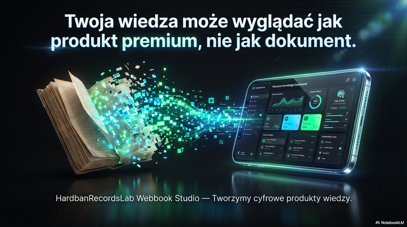 Otwarta, stara książka i smartfon z dashboardem, połączone strumieniem cyfrowych cząstek. Koncepcja cyfrowych produktów wiedzy, premium design.