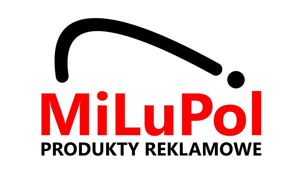 Logo firmy MiLuPol Produkty Reklamowe z czarnym symbolem graficznym i czerwonym napisem na białym tle. Minimalistyczny design.