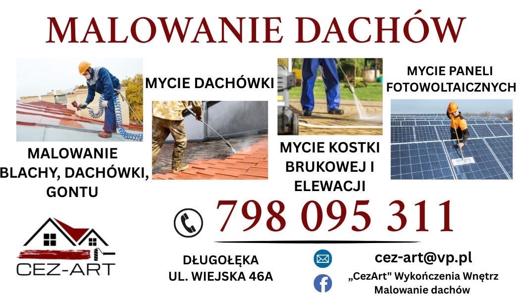 Baner reklamowy firmy Cez-Art: malowanie blachy, dachówki, gontu, mycie dachówki, kostki brukowej, elewacji i paneli fotowoltaicznych. Kontakt: 798 095 311.