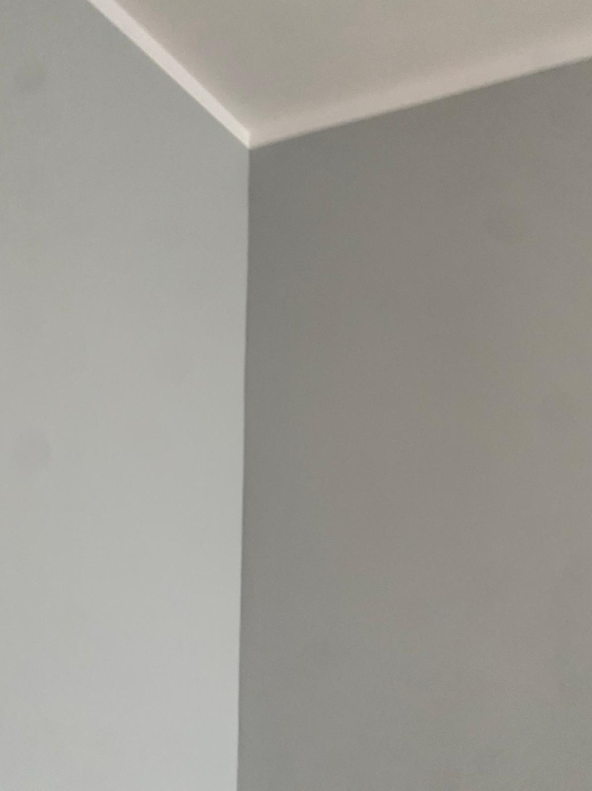Świeżo pomalowany róg pokoju w odcieniach szarości, z widoczną białą listwą sufitową. Minimalistyczne ujęcie, ukazujące gładką powierzchnię ścian po malowaniu.