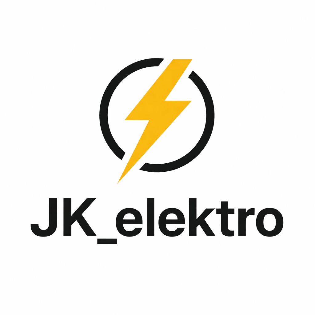 Logo firmy JK_elektro z symbolem żółtej błyskawicy w czarnym okręgu, umieszczonym nad nazwą firmy na białym tle.