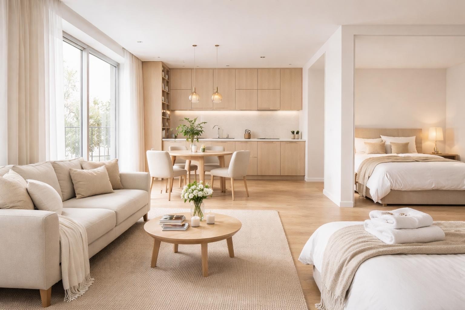 Jasne, przestronne wnętrze mieszkania z drewnianą kuchnią, salonem z sofą i sypialnią z dwoma łóżkami. Minimalistyczny design, naturalne światło, neutralna kolorystyka.