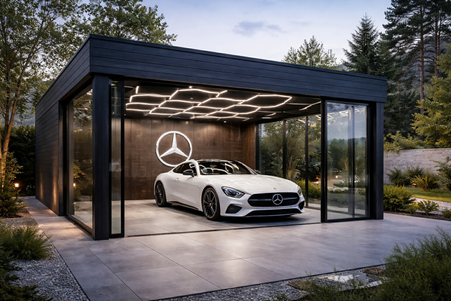Nowoczesna, przeszklona altana z ciemnego drewna, oświetlona dekoracyjnymi lampami, z białym samochodem w środku. Minimalistyczny design i eleganckie wykończenie.