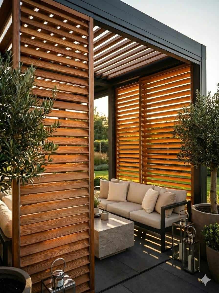 Nowoczesna pergola z drewnianymi lamelami i metalową konstrukcją, wyposażona w sofę i stolik, otoczona zielenią. Widoczne detale oświetlenia i staranne wykończenie.