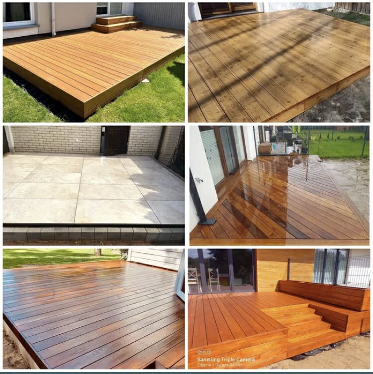 Kompilacja zdjęć tarasów: drewniany z schodkami, kompozytowy z desek, betonowy z płyt. Różne wykończenia i style, od jasnego drewna po ciemny lakier.