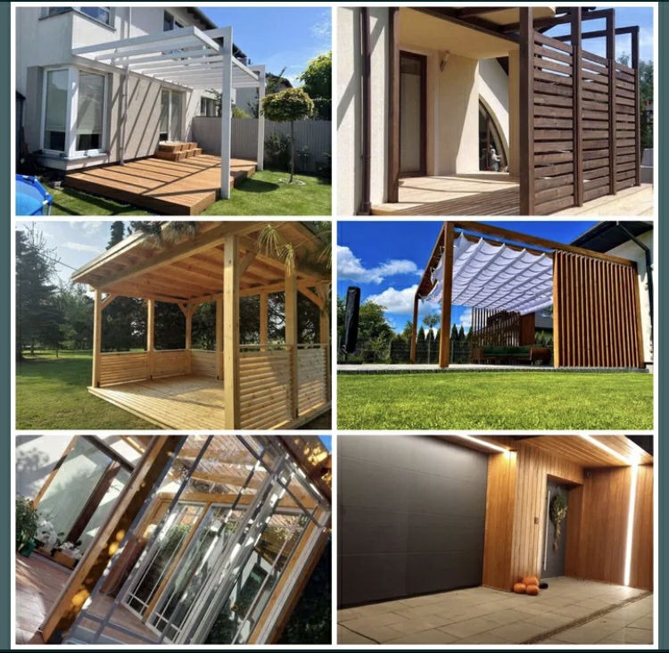 Kompozycja sześciu zdjęć prezentujących różnorodne konstrukcje ogrodowe: drewniane altany, pergole z tkaniną, zabudowy balkonowe z przeszkleniami i nowoczesne tarasy.