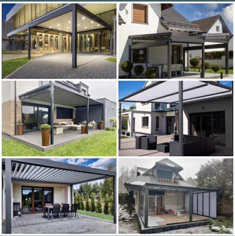 Kolaż sześciu zdjęć przedstawiających różne nowoczesne pergole i zabudowy tarasowe w różnych stylach architektonicznych i otoczeniu, zadaszenia i konstrukcje.