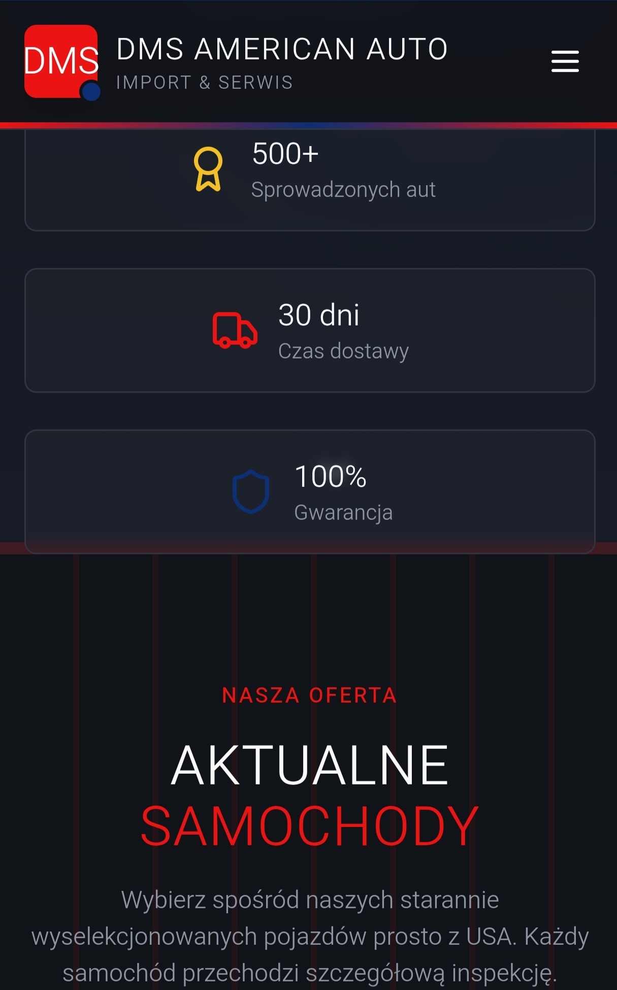 Grafika z informacjami o firmie DMS American Auto: ponad 500 sprowadzonych aut, 30 dni czas dostawy, 100% gwarancja. Oferta: aktualne samochody z USA, szczegółowa inspekcja.