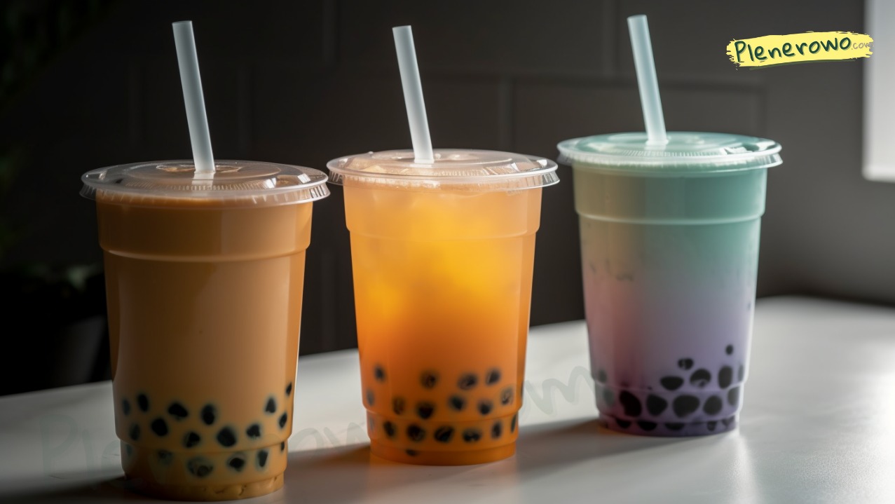 Trzy kolorowe napoje Bubble Tea w plastikowych kubkach ze słomkami, ustawione obok siebie na jasnym blacie. Widoczne czarne kulki tapioki na dnie każdego kubka.