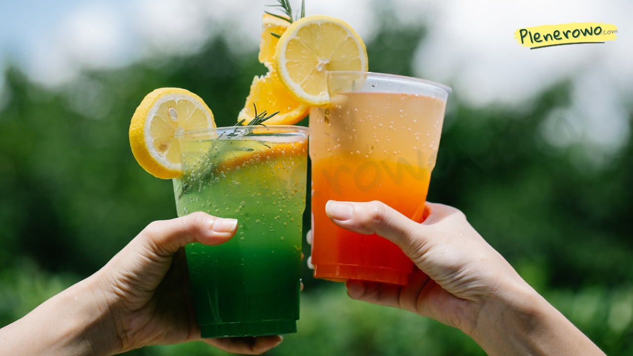 Dwa kolorowe drinki z owocami w plastikowych kubkach, trzymane w dłoniach na tle zieleni. Jeden zielony z cytryną, drugi pomarańczowy. Orzeźwiające napoje.