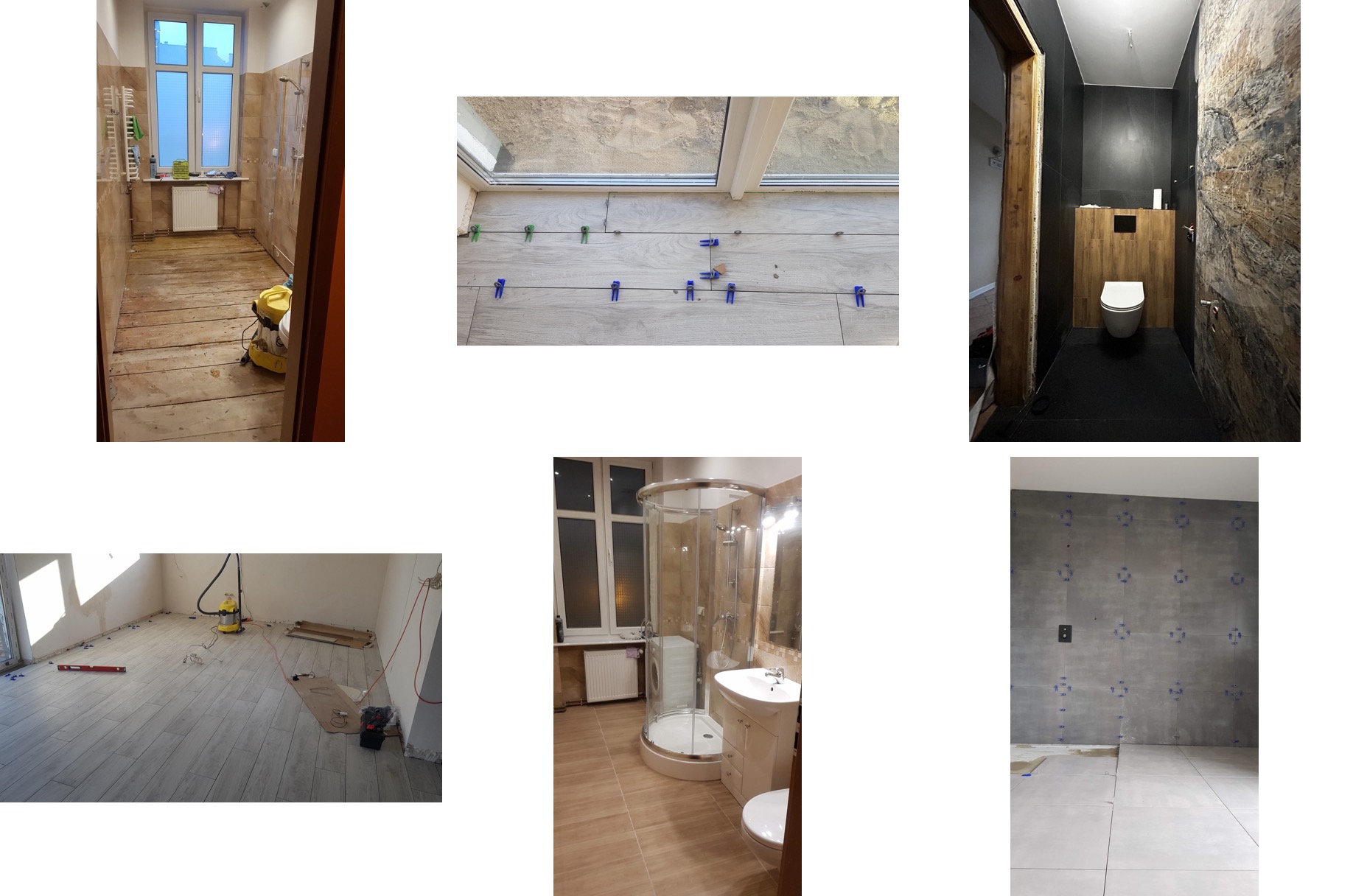 Kafelkowanie podłogi i ścian w łazience na różnych etapach. Widoczne płytki, poziomice, krzyżyki dystansowe i gotowa łazienka z toaletą i kabiną prysznicową.