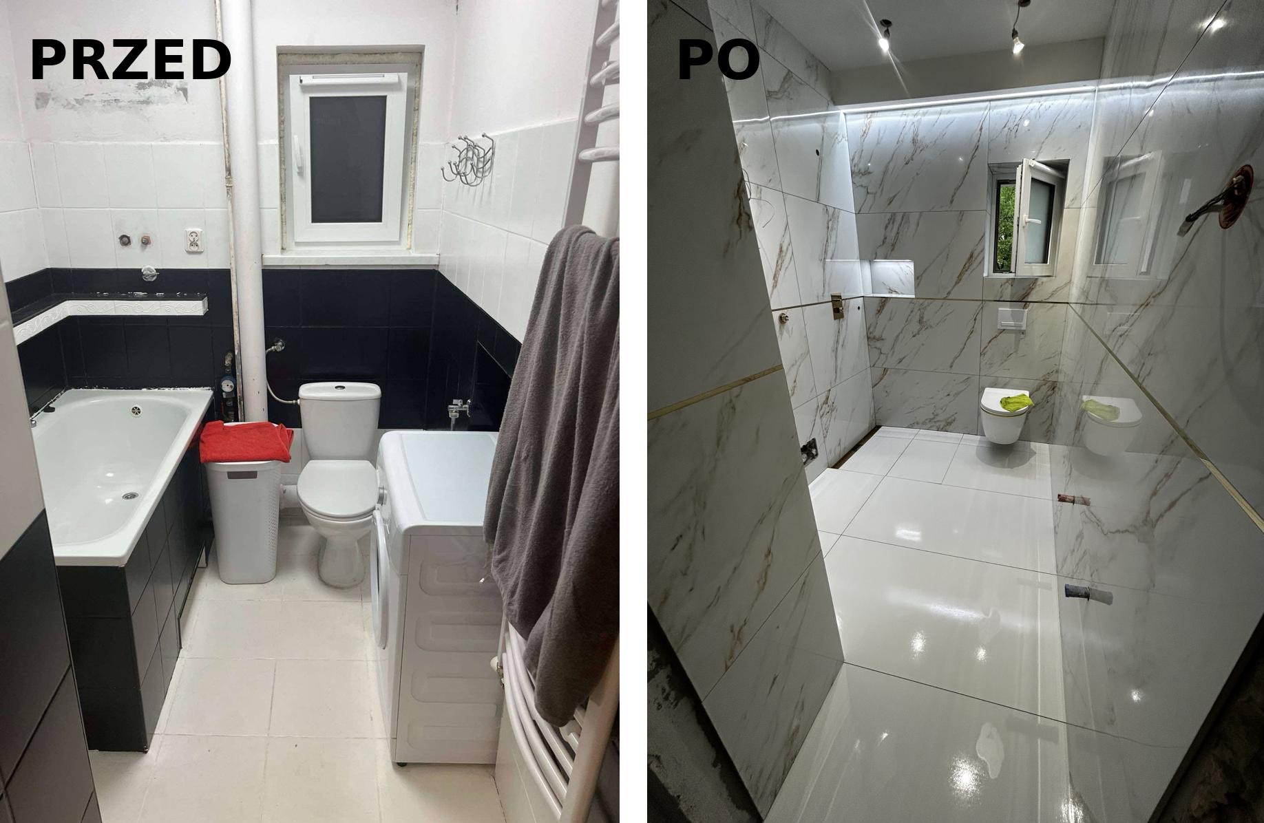 Łazienka przed i po remoncie: od czarno-białych płytek do marmurowych ścian, z nową armaturą i oświetleniem. Widoczne zmiany w wykończeniu i aranżacji.