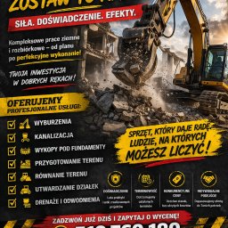 4 Home Sp. z o.o. - Żółta koparka na tle gruzów i budynku w trakcie rozbiórki. Reklama firmy oferującej wyburzenia, wykopy i utwardzanie terenu. Hasło: Rozbieramy przeszkody, budujemy możliwości!
