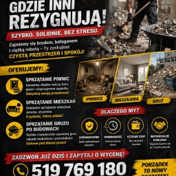 4 Home Sp. z o.o. - Plakat reklamowy firmy sprzątającej: sprzątanie piwnic, mieszkań, gruzu po budowach. Mężczyzna w masce ładuje gruz do taczki. Numer telefonu i obszar działania: Śląsk.