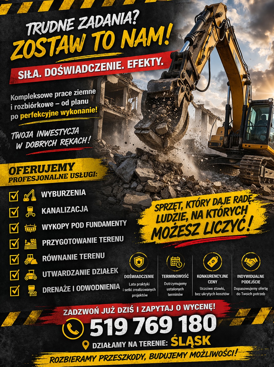 Żółta koparka na tle gruzów i budynku w trakcie rozbiórki. Reklama firmy oferującej wyburzenia, wykopy i utwardzanie terenu. Hasło: Rozbieramy przeszkody, budujemy możliwości!