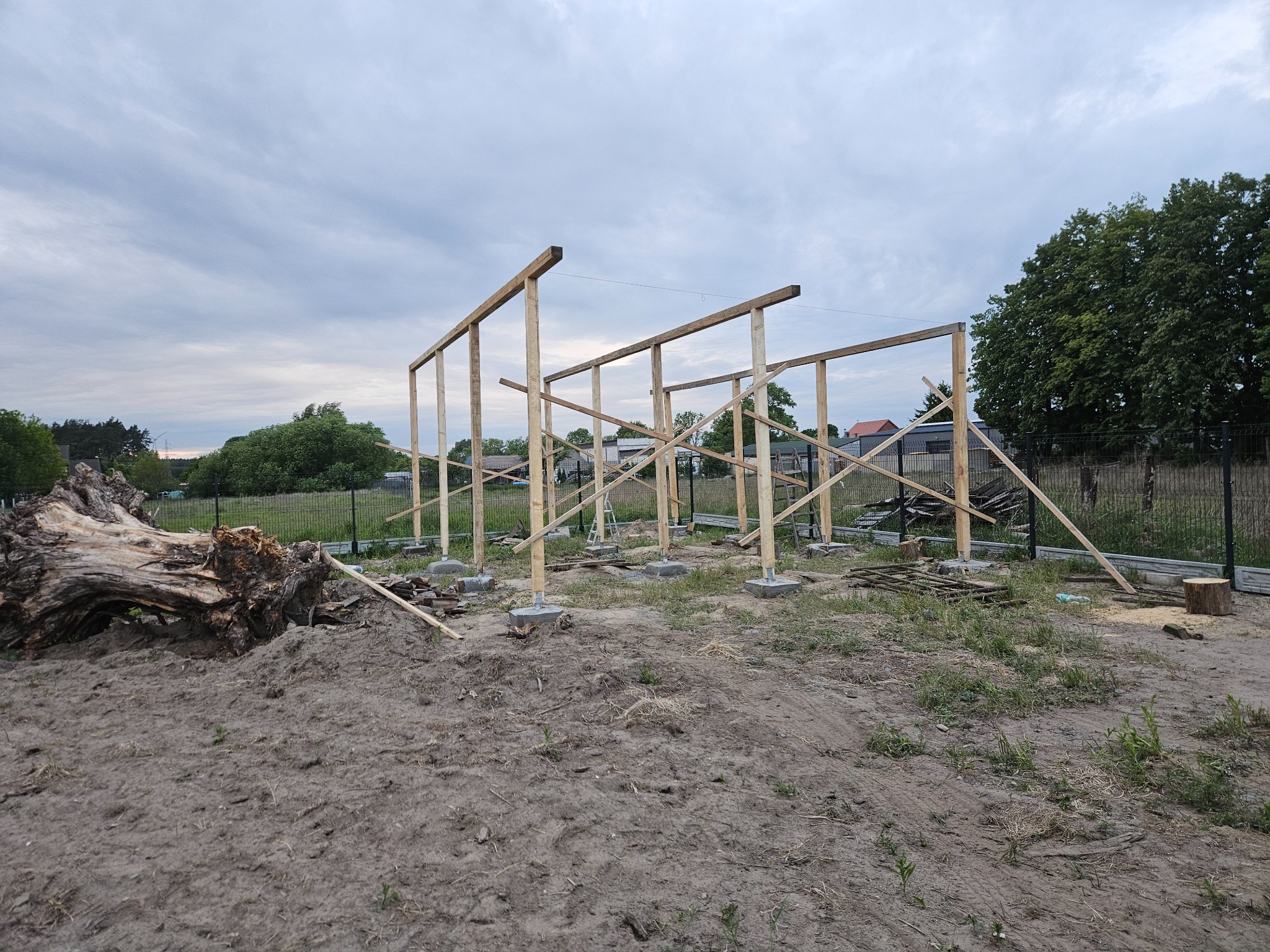 Wznoszenie drewnianej konstrukcji szkieletowej na betonowych fundamentach, widoczne elementy z drewna i ziemia, w tle zieleń i zabudowania.