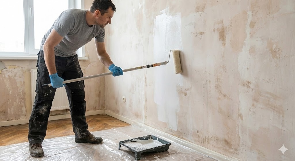 Mężczyzna w rękawicach maluje ścianę wałkiem na teleskopowym kiju. Widoczna kuweta z białą farbą i zabezpieczona folią podłoga. Ściana częściowo pomalowana.