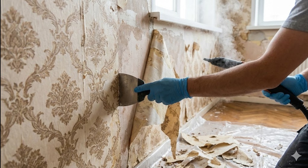 Usuwanie starej tapety z wzorem za pomocą parownicy i szpachelki. Widoczne fragmenty odklejonej tapety i przygotowane podłoże. Praca w toku.
