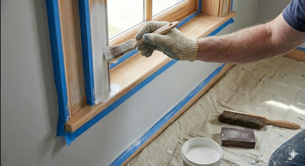 Malowanie ramy okiennej na biało pędzlem, zabezpieczonej taśmą malarską. Widoczne narzędzia: pędzel, papier ścierny i wiadro z farbą. Praca w trakcie wykonywania.