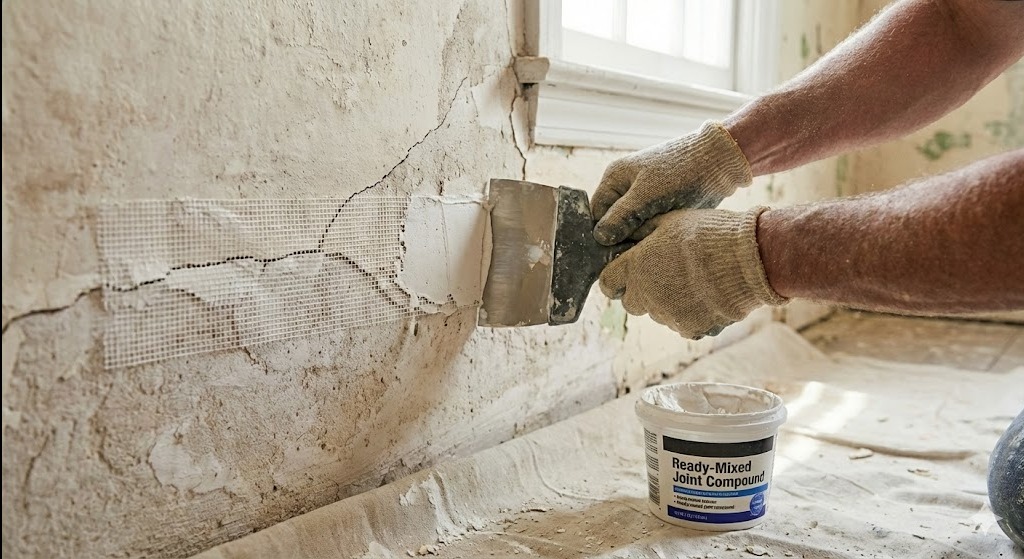 Nakładanie masy szpachlowej na siatkę wzmacniającą pęknięcie ściany. Widoczne narzędzia i wiadro z gotową masą. Praca w trakcie wykonywania, wnętrze w trakcie remontu.