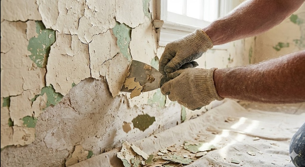 Usuwanie starej, łuszczącej się farby ze ściany szpachelką przez pracownika w rękawicach roboczych. Widoczne fragmenty zielonej farby pod spodem.