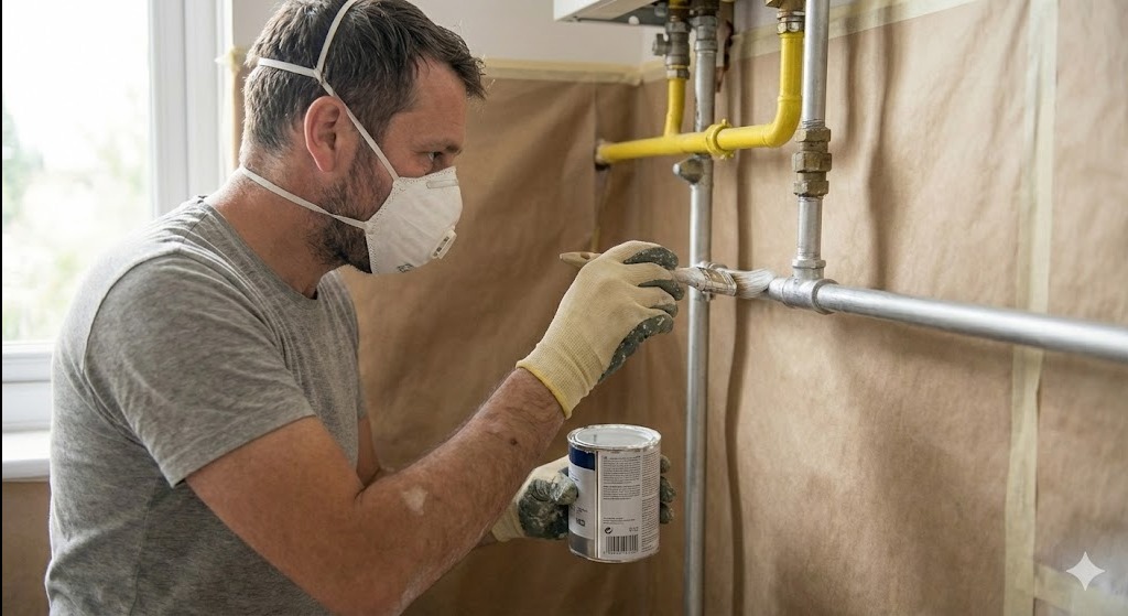 Mężczyzna w masce maluje pędzlem rury w pomieszczeniu zabezpieczonym papierem malarskim. Widoczny fragment instalacji gazowej i puszka z farbą.