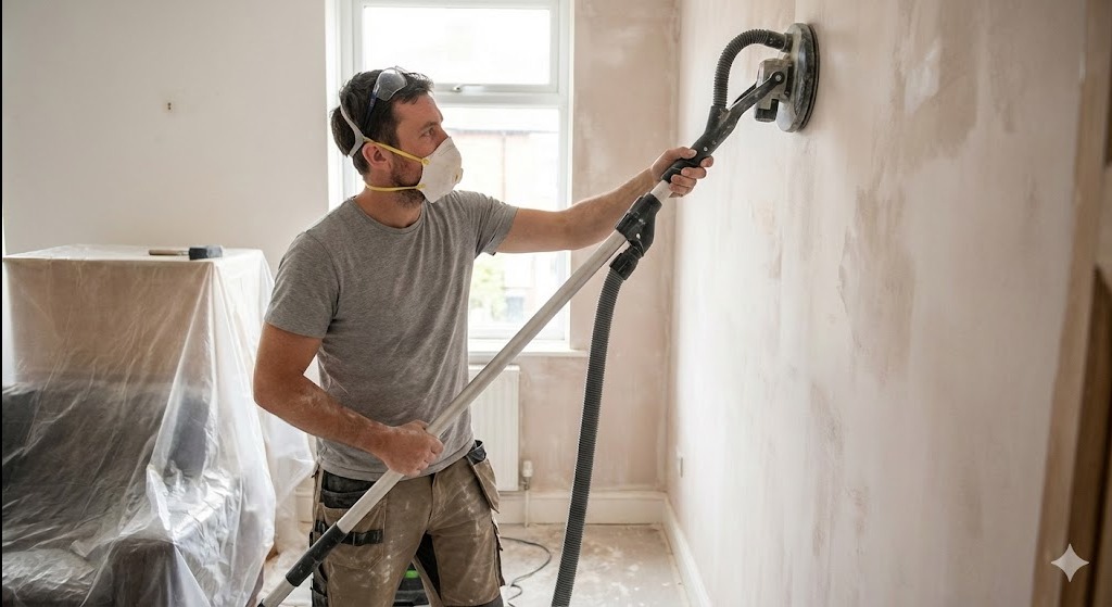 Pracownik w masce szlifuje ścianę szlifierką z odkurzaczem. Widoczne nierówności na ścianie przed dalszą obróbką. Pokój zabezpieczony folią malarską.