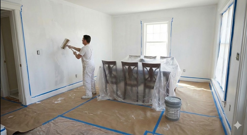 Malowanie ścian wałkiem w jasnym pomieszczeniu zabezpieczonym folią i taśmą malarską. Widoczny pracownik w białym kombinezonie i wiadro z farbą.