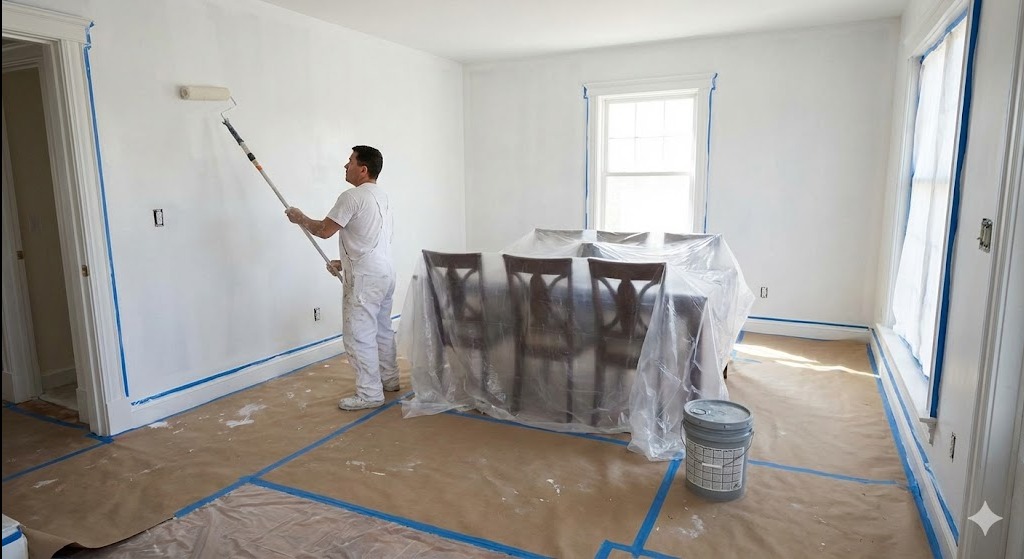 Malowanie ścian w pokoju: malarz z wałkiem, zabezpieczone meble i podłoga. Widoczne taśmy malarskie. Świeżo pomalowana ściana w jasnym odcieniu bieli.