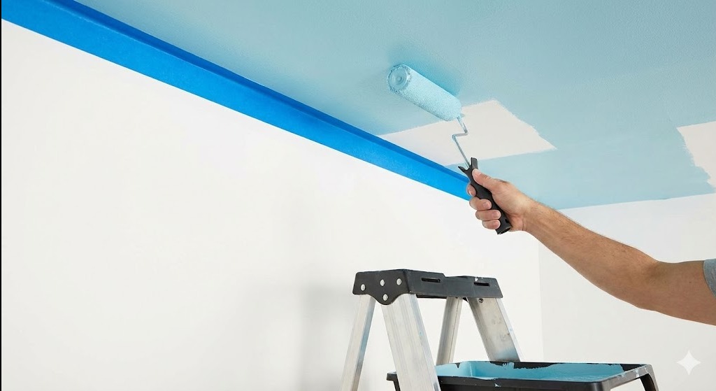Malowanie sufitu na jasny błękit wałkiem z drabiny. Zabezpieczona taśmą krawędź sufitu. Widoczne fragmenty pomalowanej powierzchni i biała ściana.
