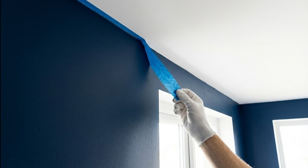 Malowanie ściany na granatowo, zabezpieczonej niebieską taśmą malarską przy suficie i oknie. Ręka w białej rękawicy. Widoczne świeżo pomalowane ściany i sufit.