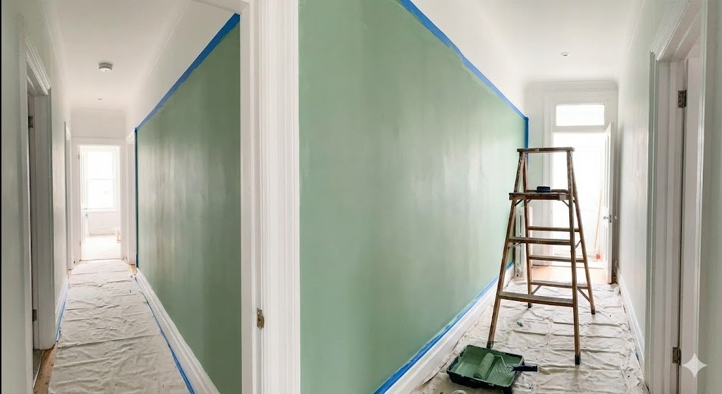 Korytarz w trakcie malowania na pistacjowy kolor, zabezpieczony taśmą malarską i folią. Widoczna drabina i kuweta z wałkiem. Świeżo pomalowana ściana.
