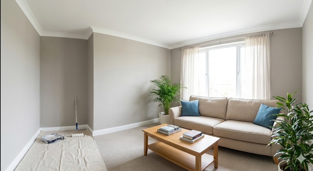 Pokój po malowaniu ścian na szaro, z widocznym wałkiem i kuwetą na podłodze, sofa z poduszkami i stolik kawowy. Jasne wnętrze z roślinami doniczkowymi.