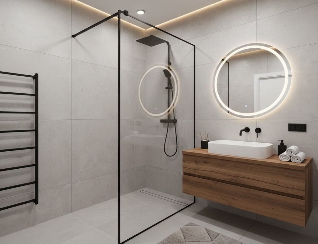 Nowoczesna łazienka z kabiną typu walk-in, okrągłym lustrem z podświetleniem LED, drewnianą szafką pod umywalką i czarnymi akcentami.