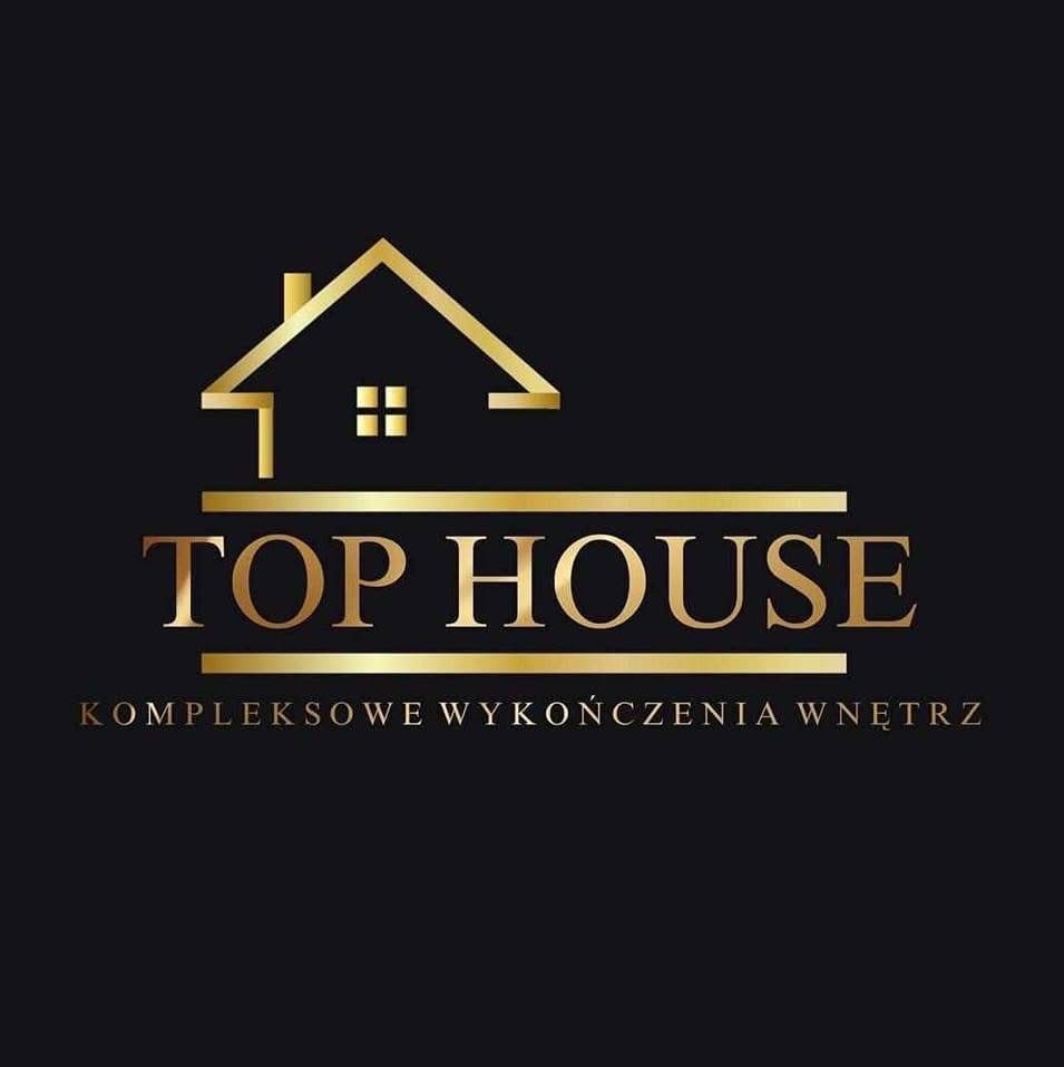 Złote logo 'TOP HOUSE' na ciemnym tle, z motywem domu i napisem 'KOMPLEKSOWE WYKOŃCZENIA WNĘTRZ'. Elegancki design, minimalistyczny styl.