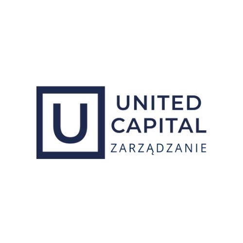 Logo firmy United Capital Zarządzanie z granatowym kwadratem z literą U po lewej stronie i nazwą firmy po prawej, na białym tle.