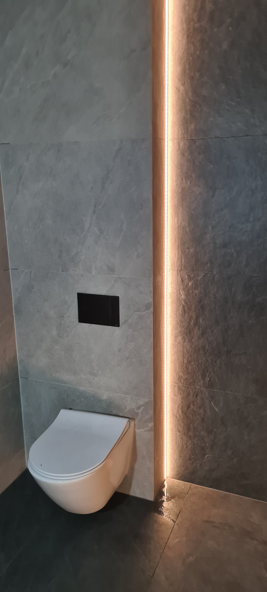 Szara łazienka z podwieszaną toaletą i pionowym oświetleniem LED. Płytki imitujące kamień tworzą nowoczesny design. Czarny przycisk spłuczki.