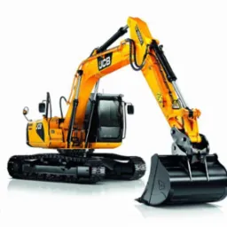 Żółto-czarna koparka gąsienicowa JCB na białym tle, z wysięgnikiem i łyżką skierowanymi w prawo. Widoczne detale konstrukcyjne i logo producenta.