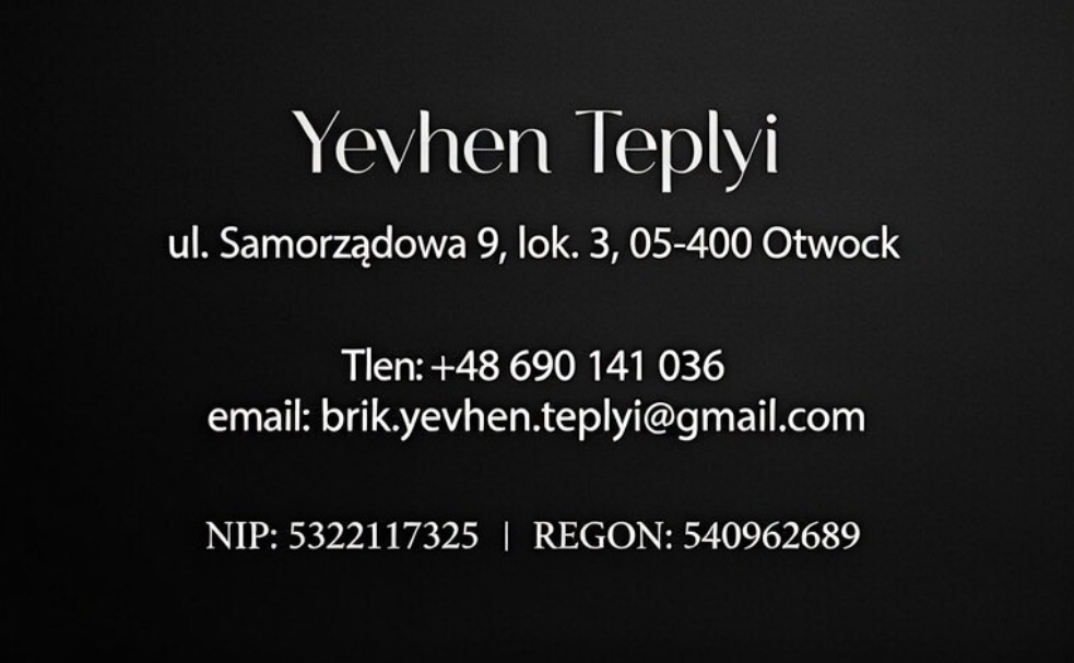 Wizytówka z danymi kontaktowymi: imię i nazwisko, adres, numer telefonu, adres e-mail, NIP i REGON na ciemnym tle.