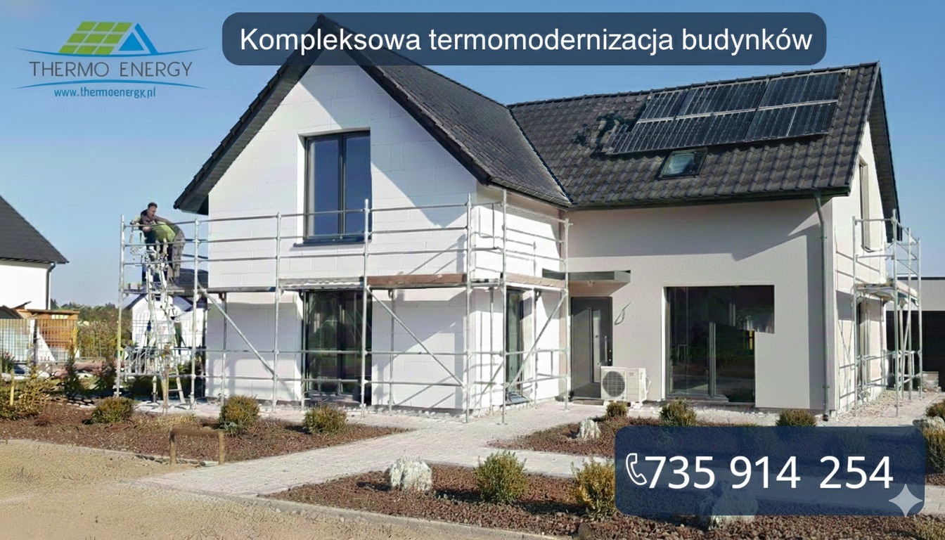 Dom jednorodzinny w trakcie kompleksowej termomodernizacji. Widoczne rusztowania, pracownicy, panele fotowoltaiczne na dachu i klimatyzator na elewacji.
